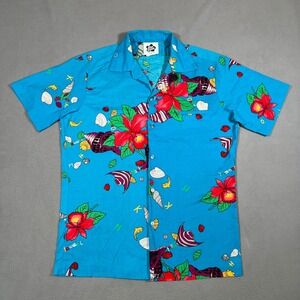 Vintage HIlo Hattie Hawaiian Camp Shirt Blue Floral Seashell Fish Hawaii Islands